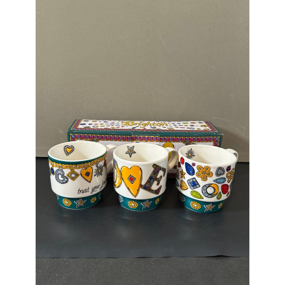 Brighton Ceramic Espresso Cup Set of 3 Love Trust‎ Your Journey Jewelry Print